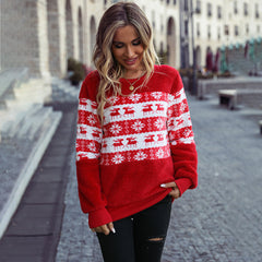 round Neck Long Sleeve Pullover Loose Christmas Plush Casual Sweatshirt
