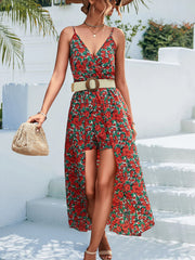 Irregular Asymmetric Criss Cross V neck Suspenders Floral Culottes