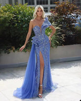 Blue One Shoulder V neck Evening Dress with Mesh Ribbon Beaded Sequ Split Dress