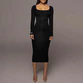 Arrival's Slim Fleece Square Collar Long Sleeve Dress