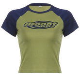 Contrast Color Retro Printed Raglan Short Sleeved T shirt Slim Fit Slimming Top