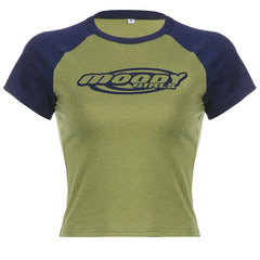 Contrast Color Retro Printed Raglan Short Sleeved T shirt Slim Fit Slimming Top