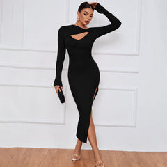 Maxi Dress Slim Sheath Tight Slit Long Sleeve Christmas Dress