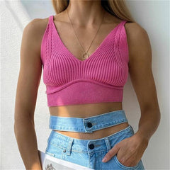 Casual off Shoulder Low Cut Slim Fit Knitted Solid Color Vest