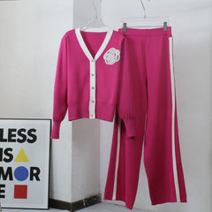 Pullover-Sets in Kontrastfarbe, V-Ausschnitt, langärmliges Strickjacken-Oberteil, lockere, elastische Hose mit weitem Bein, zweiteilige Sets