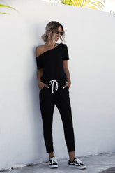 Startseite Jumpsuit Lässiger Taillen-Loose-Sport-Taschen-Vollton-Overall