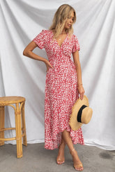 Supply Short Sleeves V neck Printed Lace up Cardigan Dress