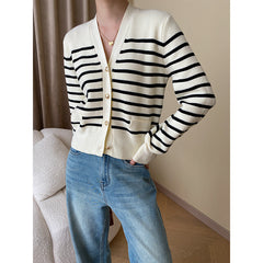 Cardigan tricoté à rayures contrastées à la mode française, col en V, pour le bureau, assorti à tout