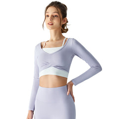 Faux Zweiteiliges Sport-Top mit Brustpolster, halbfixiert, kurz, schmale Passform, schlankmachende Yoga-Jacke, atmungsaktives Workout