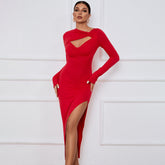 Maxi Dress Slim Sheath Tight Slit Long Sleeve Christmas Dress