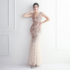 Robe longue queue de poisson élégante en maille à paillettes et perles pour réunion annuelle