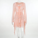 Ribbon Mesh Plissee Kleid Französisch Slim Langarm Hüfte