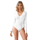 Solid Color Long Sleeve V neck Drawstring Jumpsuit