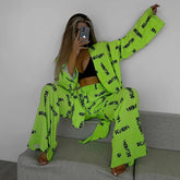 Lässiger Pyjama mit Schnürung und langen Ärmeln, Hose mit hoher Taille, Anzug für Zuhause, lockere, bedruckte Kleidung