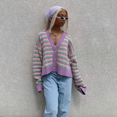 Cardigan Retro Rainbow Striped V neck Short Sweater Coat