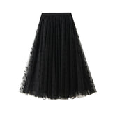 High Waist Slimming Pleated Gauze Skirt Flocking Bow Mesh Two Way Skirt
