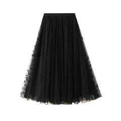High Waist Slimming Pleated Gauze Skirt Flocking Bow Mesh Two Way Skirt