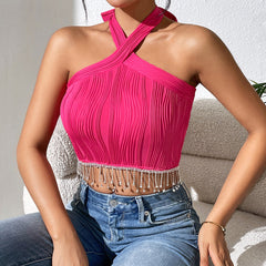 Chain Tassel Bow Halter Lace Up Wrapped Chest Vest
