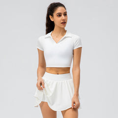 Ensemble jupe de tennis, haut de sport à manches courtes, doux pour la peau, sensation chair, jupe courte de course ample, leggings à jupe faux deux pièces