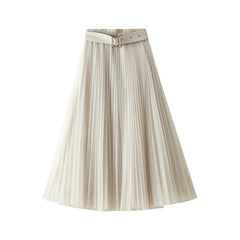 With Belt Mesh Skirt High Waist Mid-Length Pleated Skirt A- Line Fairy Gauze Skirt Skirt Skirt