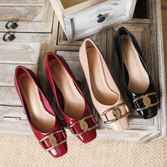 Women's Style Metal Buckle Chunky Square Toe High