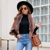 Manteau cape en laine avec col en fourrure tricoté et pompon, châle d'extérieur