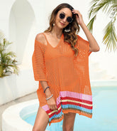 Strandkleid mit tiefem V-Ausschnitt, transparentem Ausschnitt, gewebtem Farbkontrast-Patchwork-Strandüberzug