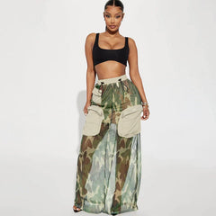 Mesh Camouflage Rock Street Pocket Stitching Elastischer Kordelzug Werkzeugkleid