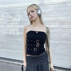 Punk Dark Corns Multiple Straps Metal Adjustment Buckle Tube Top Vest off the Shoulder Top