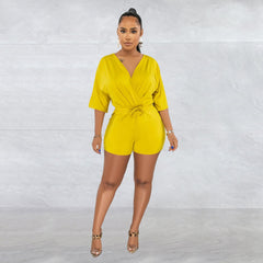 Wear Solid Color Tied V Neck Half Sleeves Shorts Jumpsuit