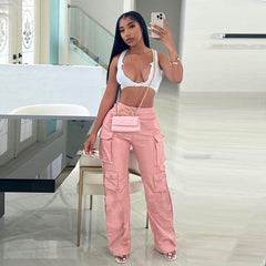 Work Poly Urethane Leather High Waist Street Shooting Straight Casual Trousers