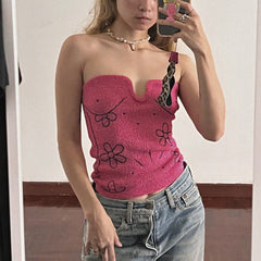 Knitted Floral Embroidered Wrapped Chest Short Top Vest Outer Wear