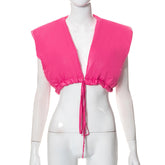 Casual Solid Color Sleeveless cropped Lace up Casual Cotton Padded Jacket Vest