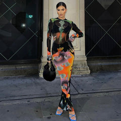 Printed Slim round Neck Long Sleeve Elegant Dress