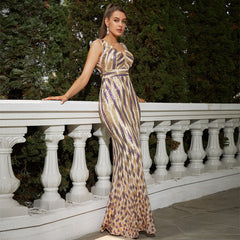 Elegantes langes Pailletten V-Ausschnitt rückenfreies Cocktail-Abendkleid Brautjungfernkleid