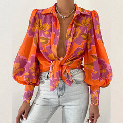Bubble Sleeve Collared Long Sleeve Top Printed Shirt