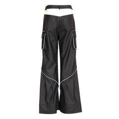 Pantalon de niche déconstruit, patchwork de couleurs contrastées, pantalon fendu tridimensionnel, pantalon décontracté, pantalon en cuir