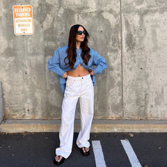 Pantalon coupe droite taille haute style streetwear, pantalon ample décontracté à jambes larges