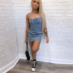 Denim Backless Wash Chest Wrapped Dress