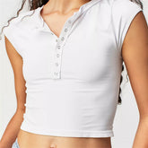 Casual V neck Cropped T shirt Short Sleeved Open Collar Tight Top Casual