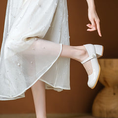 Women's Mary Jane Chunky Pearl Strap Shallow Mouth Heels