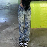 Jean hip-hop High Street avec patch graphique personnalisé et lettres, pantalon droit ample et décontracté