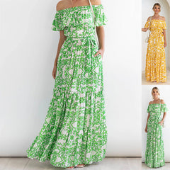 Floral-Print off Shoulder Ruffle Sleeve Elegant Large Swing Dress Dress