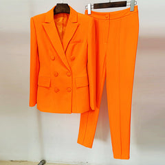 Zweireihiges, schmales, mittellanges Arbeitshosen-Set, zweiteiliges Blazer-Anzug-Set