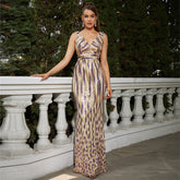 Elegantes langes Pailletten V-Ausschnitt rückenfreies Cocktail-Abendkleid Brautjungfernkleid