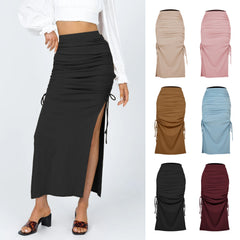 Slit Knitted Slim Skirt Pleated Tie Sheath Skirt