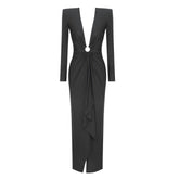 Black Long Sleeve Ring V neck Dress White Red Christmas Dress