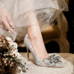 Women's Bridal Wedding Stiletto Pointed French Cinderella Crystal