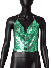 Low Cut Backless Metal Sequ Chain Strap Deep V Plunge Cropped Tank Top