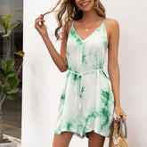 Tie Dye V Neck Strap Fitted Waist Casual Printing Suit Romper